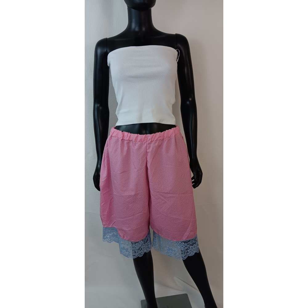 Handmade Pink Gingham Checkered Bloomers Blue Floral Lace Trim Medium